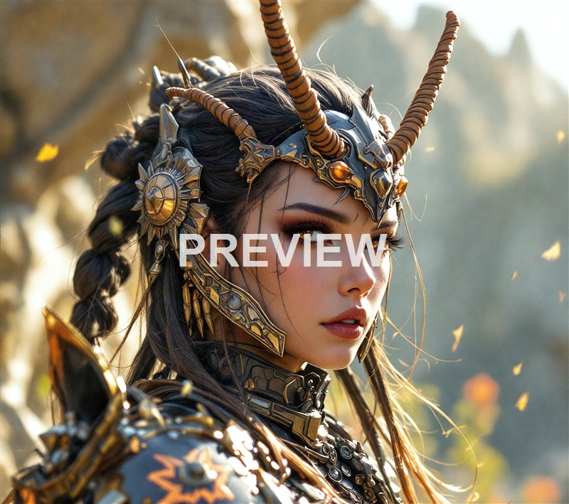 A woman dressed in elaborate fantasy armor with a crown of horns and intricate metallic details, standing outdoors with sunlight illuminating her face.